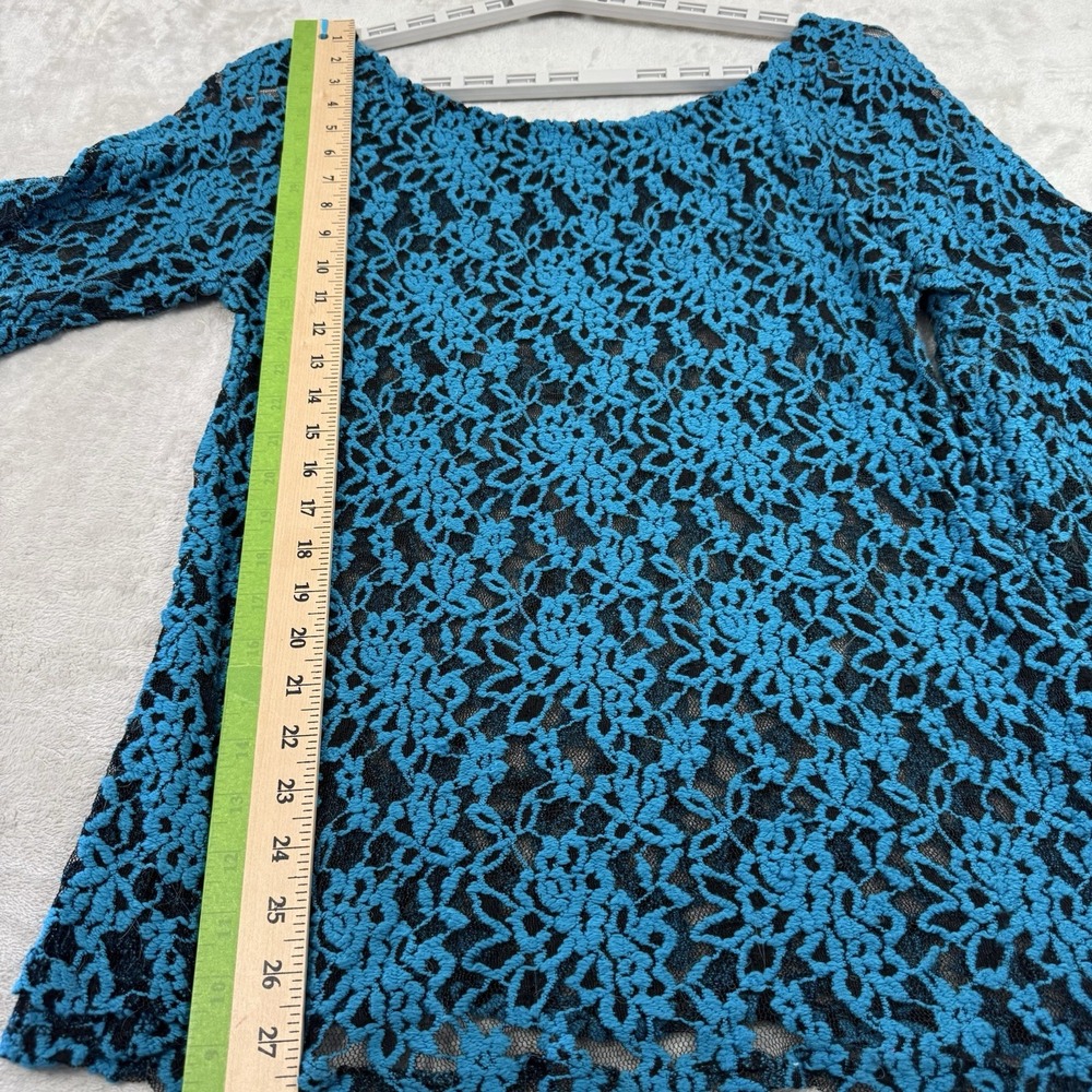Womens  L Black Turquoise Flare Sleeve Lace Burnout Stretch Top Y2K Whimsigoth - Picture 7 of 11